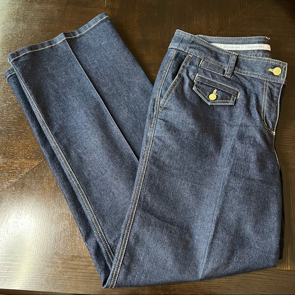 Jones Wear Studio Stretch Deep Blue Front Creased Wide Leg Jeans Size 14